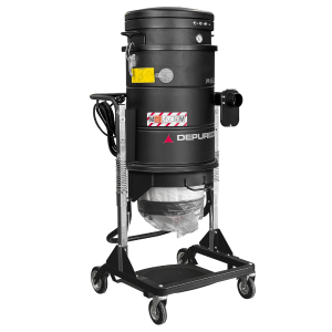 Depureco M100 H14 LP industrial HEPA dust extractor vacuum beside a floor grinder, capturing concrete dust via Longopac bag while JetClean pulses clear the filter; forklift-ready steel frame in view.
