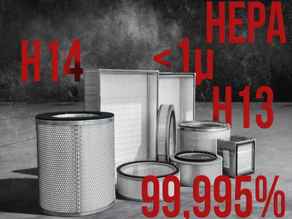 Assortment of Depureco HEPA filters (cartridge and panel) with text in image: “H14”, “H13”, “