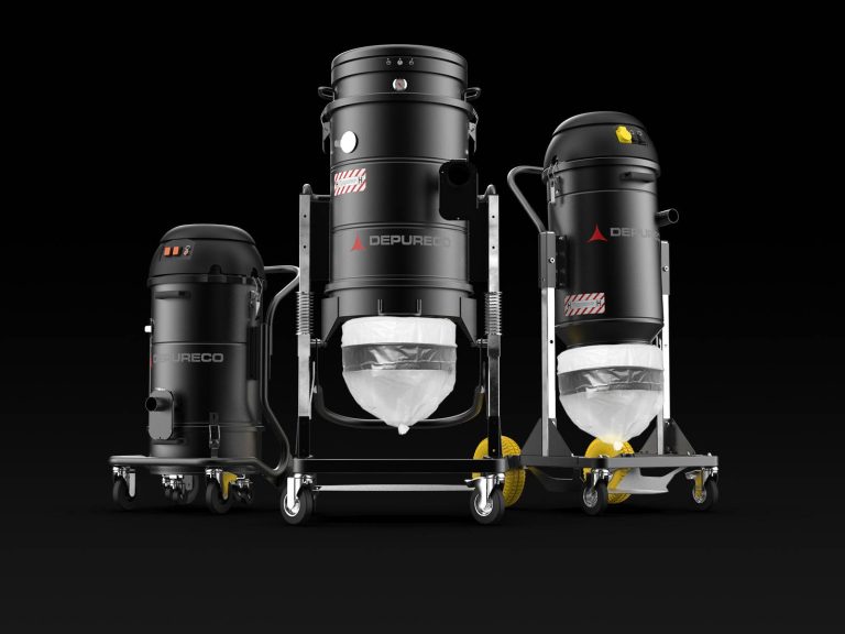 Three Depureco HEPA dust extractors with continuous liner bags on wheeled frames for fine and silica dust control.