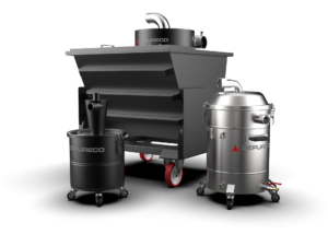 Depureco cyclone interceptor and pre-separator accessories for protecting industrial vacuum filters and collecting bulk material.