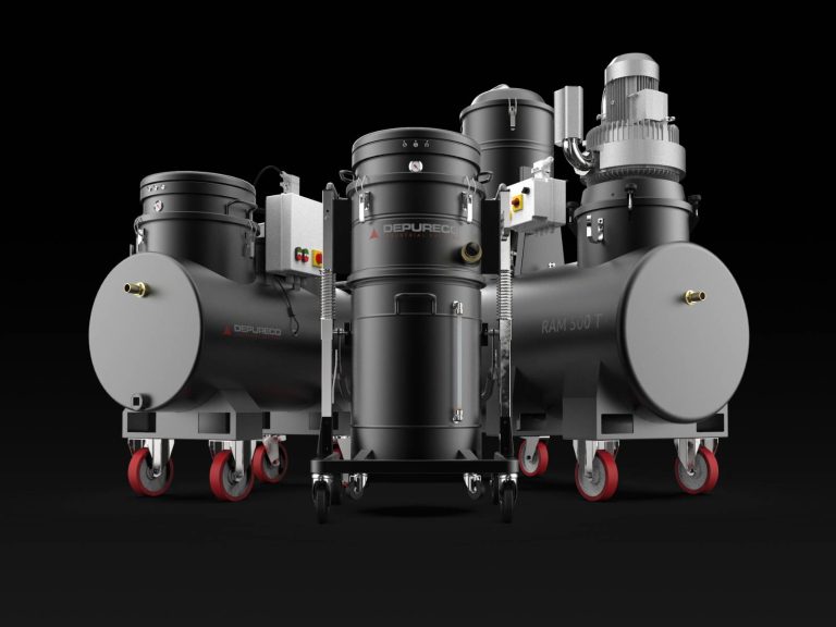 Lineup of Depureco sump vacuum cleaners with large integrated tanks on red casters in a studio setting.