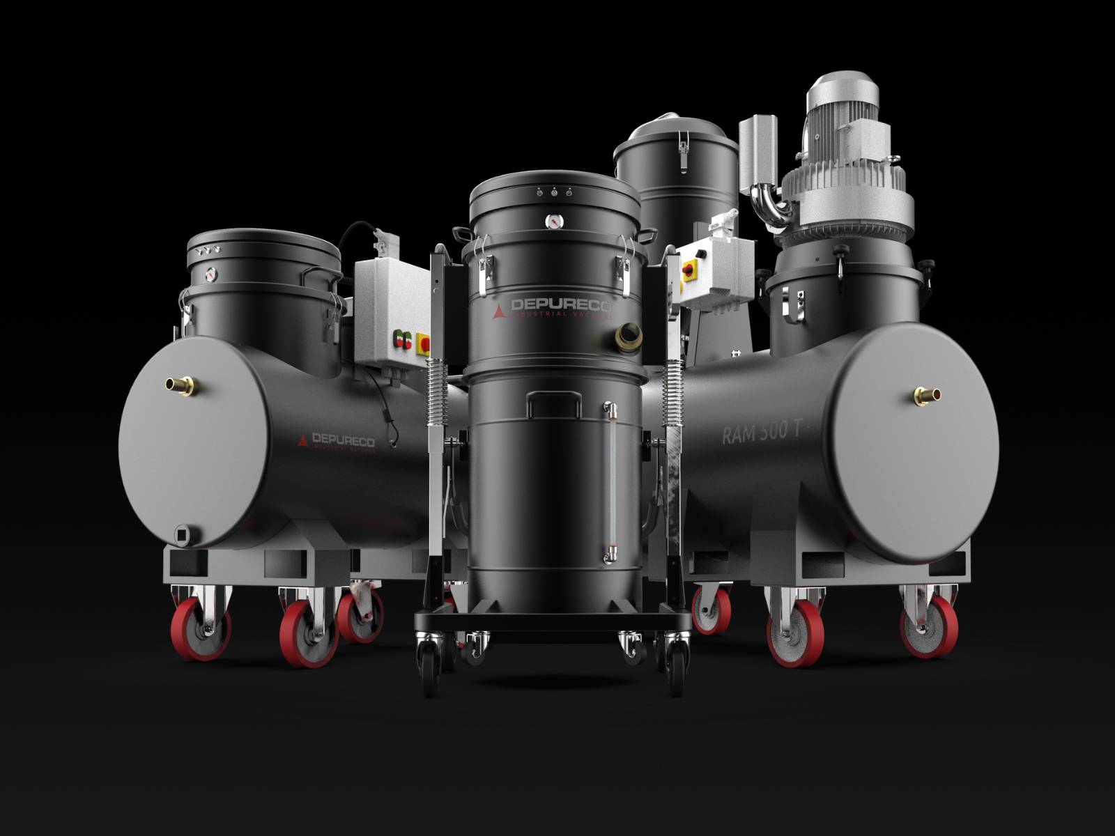 Lineup of Depureco sump vacuum cleaners with large integrated tanks on red casters in a studio setting.