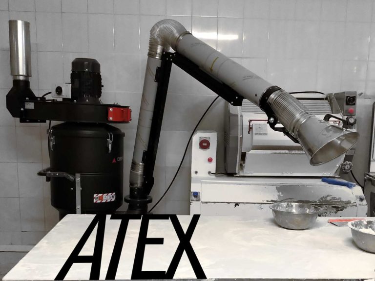 ATEX-rated extraction arm connected to a Depureco dust collector over a bakery workbench; large “ATEX” text visible.
