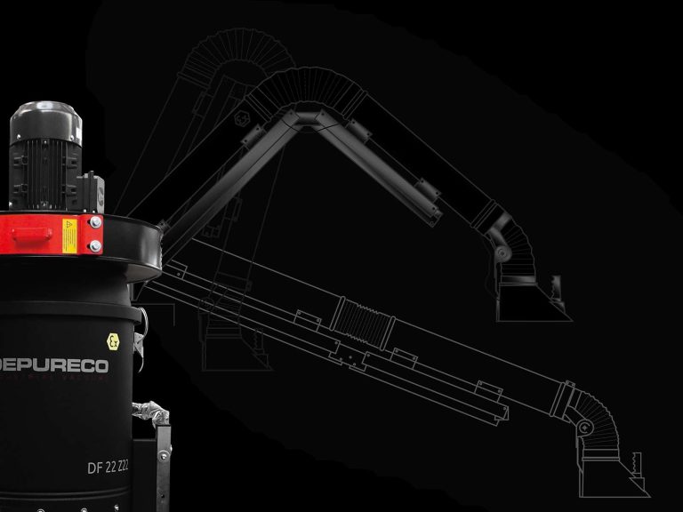 Depureco dust collector with an articulated extraction arm; overlay drawing shows the arm’s reach and joint positions.