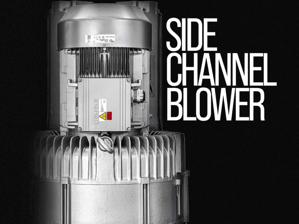 Close-up of a side channel blower for Depureco industrial vacuums; text in image reads “SIDE CHANNEL BLOWER”.