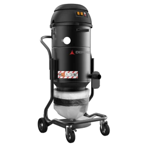 Depureco USA's XM35 JC LP with HEPA 14 dust extractor for concrete grinders. JetClean pulse system active, Longopac bagging silica dust for OSHA-compliant surface preparation.