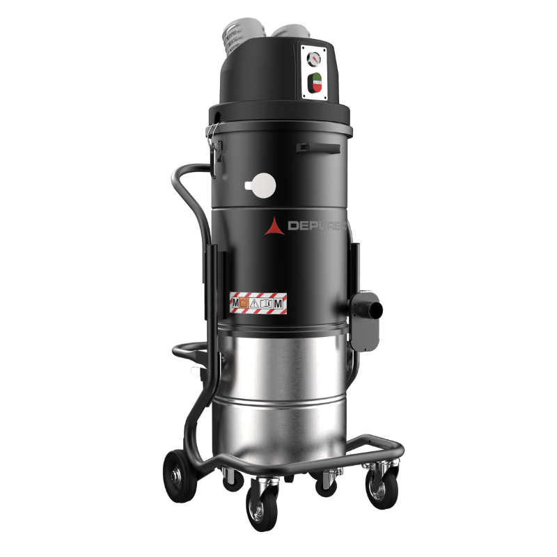 Depureco BL 45 JC H14 gun-range vacuum with optional HEPA H14, ATEX Zone 22 safety, manual shaker, 129 CFM, 92 in H₂O, 11-gal bin, 72 dB, 2.75-in inlet.