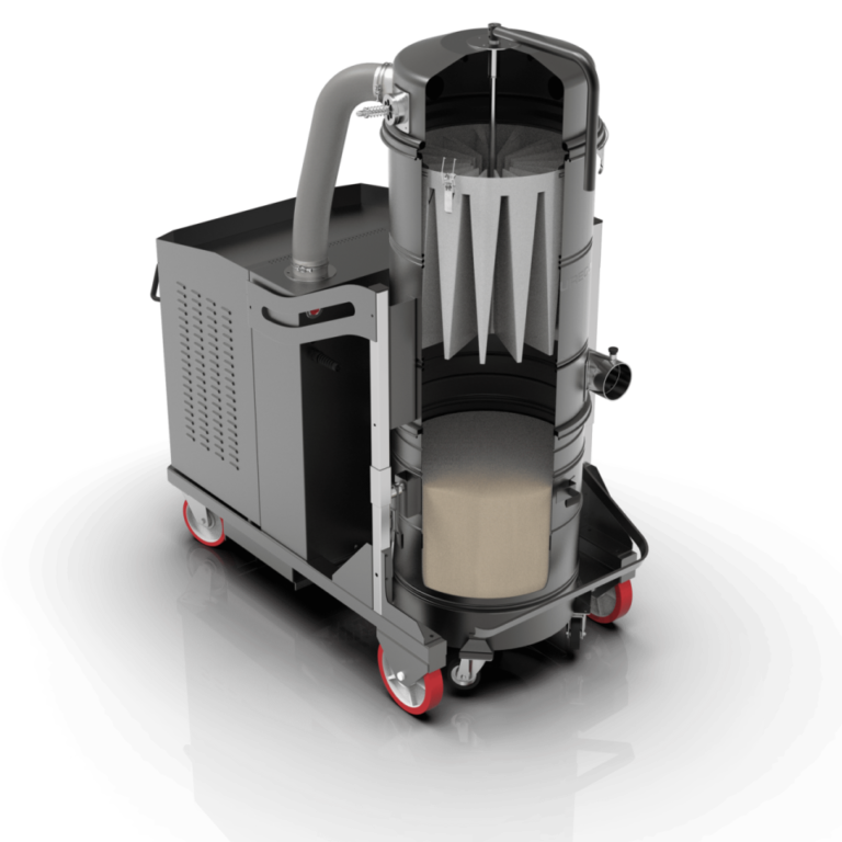 Cutaway rendering of a Depureco PUMA industrial vacuum showing the star filter, filter shaker, inlet, and collection bin.
