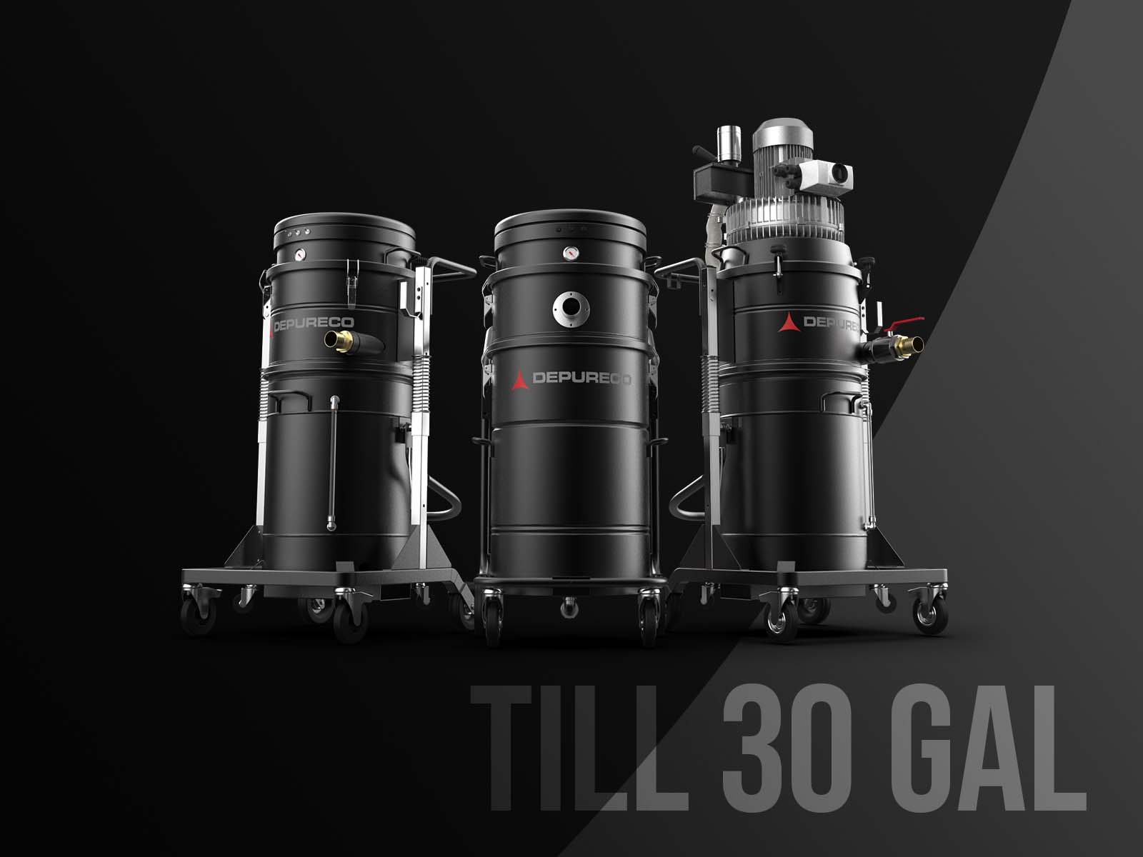 Three Depureco sump vacuums for oil/coolant recovery with up to 30-gallon tanks on wheeled trolleys, studio backdrop.