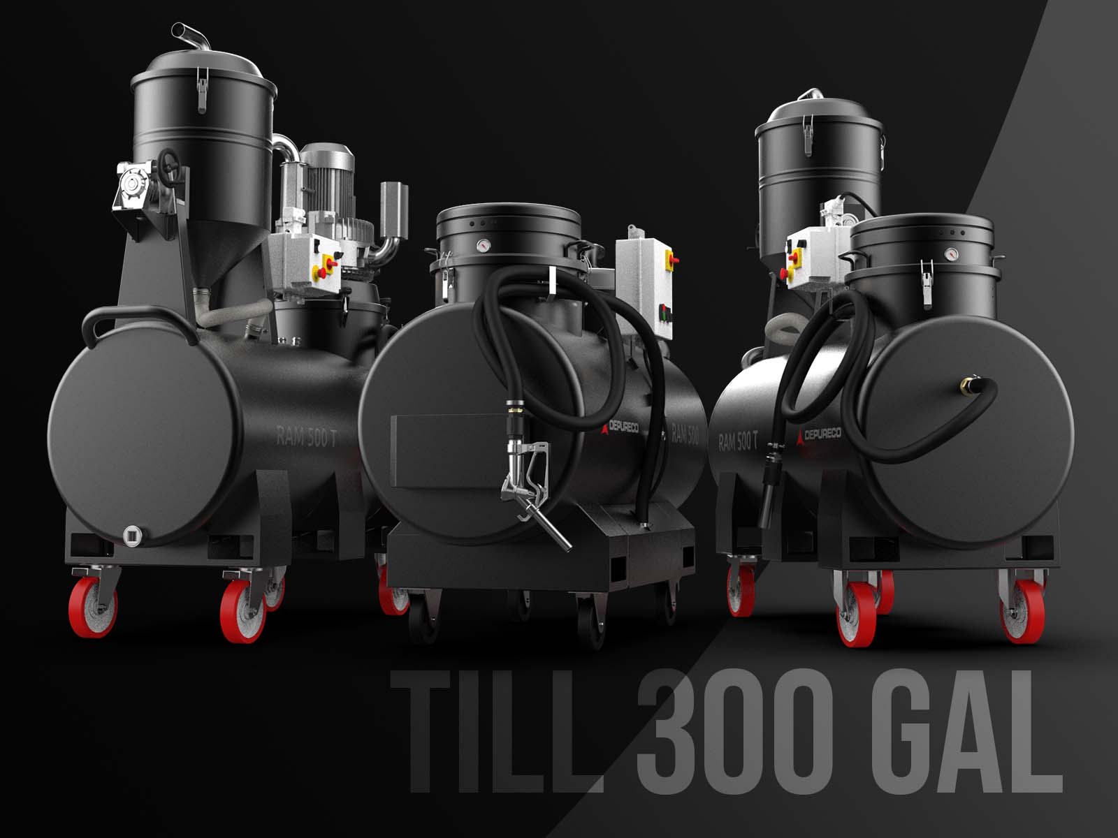 Depureco sump vacuums with up to 300-gal horizontal tanks on red casters for oil/coolant recovery, studio lineup.