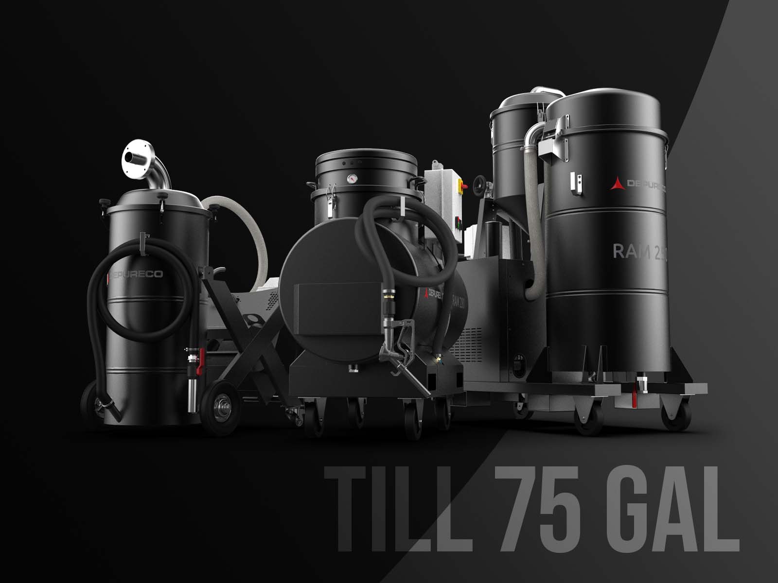 Lineup of Depureco sump vacuums for oil/coolant recovery with up to 75-gallon tanks on mobile trolleys, studio backdrop.