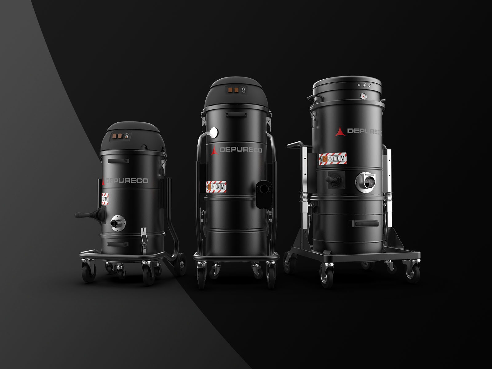 Three Depureco industrial vacuum cleaners with rigid bin collection on wheeled frames against a dark studio backdrop.