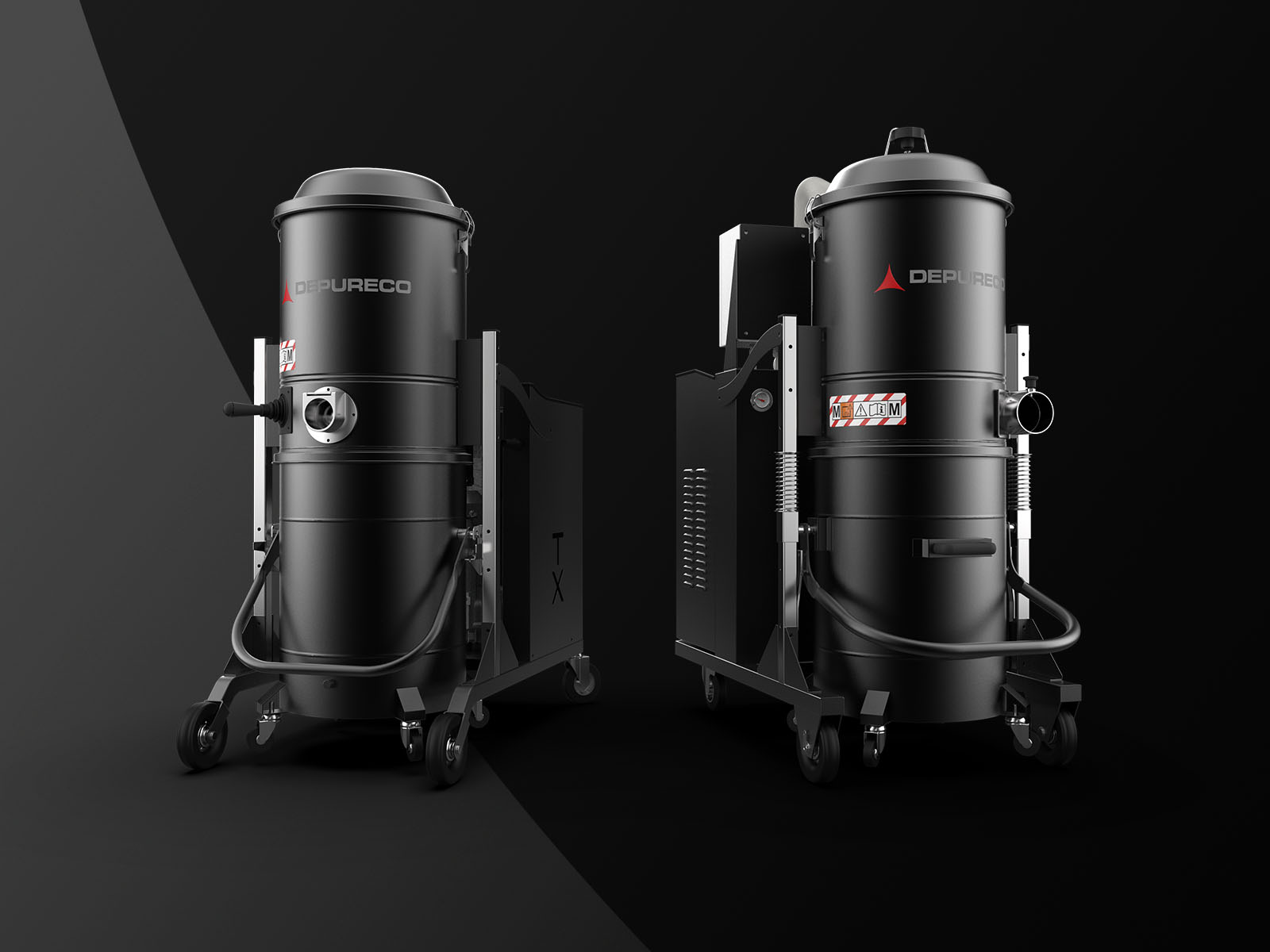 Two trolley-mounted Depureco industrial vacuums with external power modules on casters, dark studio backdrop.