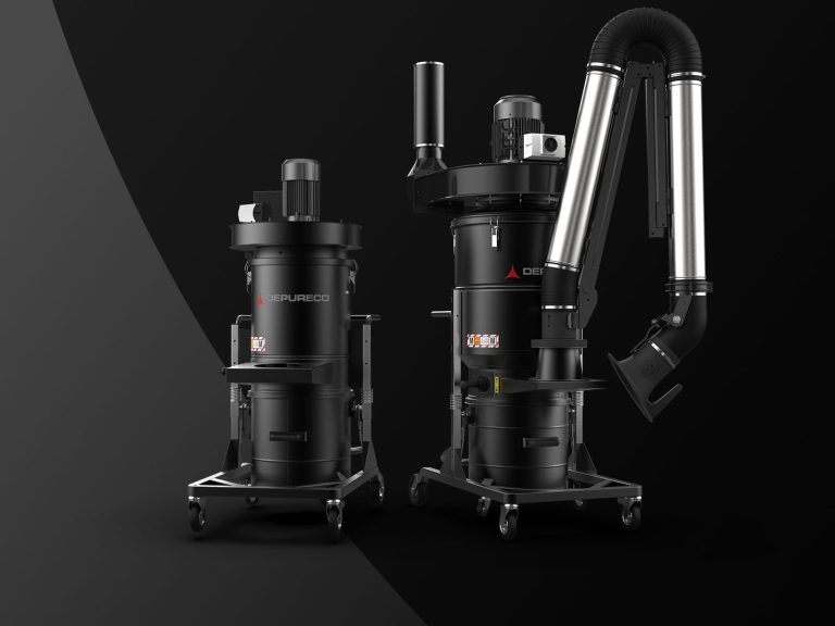 Two Depureco mobile dust collectors with extraction arm/hood attachments on wheeled frames, studio backdrop.