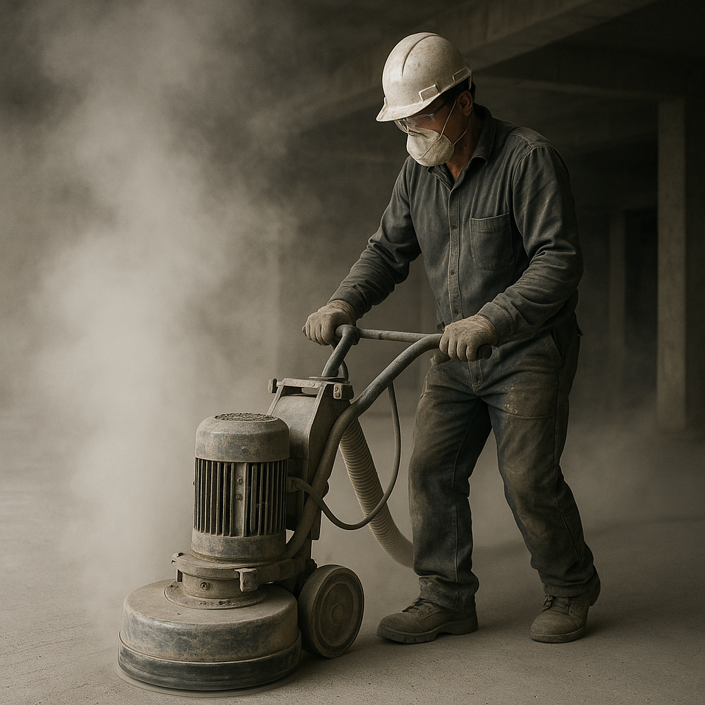 Floor grinder operator surrounded by airborne silica dust cloud